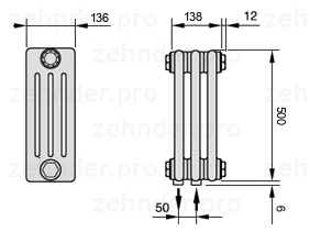 Схема (чертеж) Радиатор Zehnder Charleston 4050/3 №5410 Белый глянцевый RAL 9016